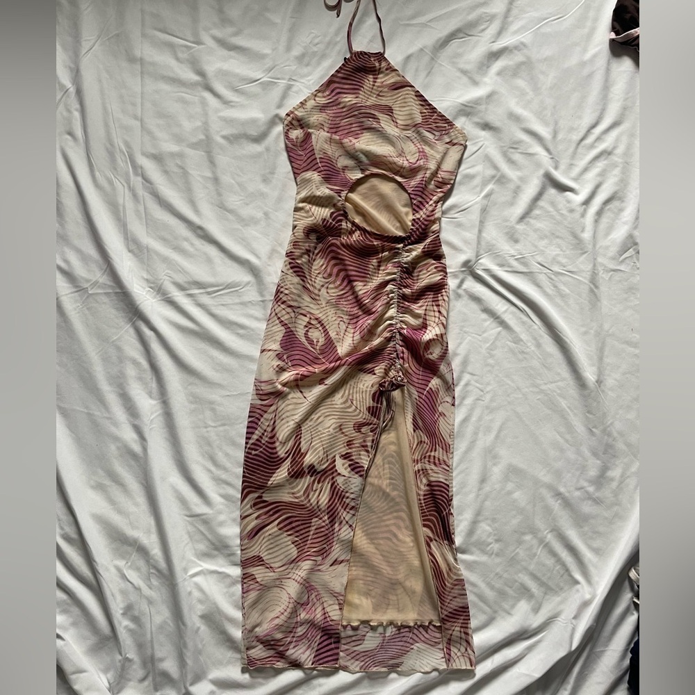 cream and pink midi dress with leg slit adjustable straps